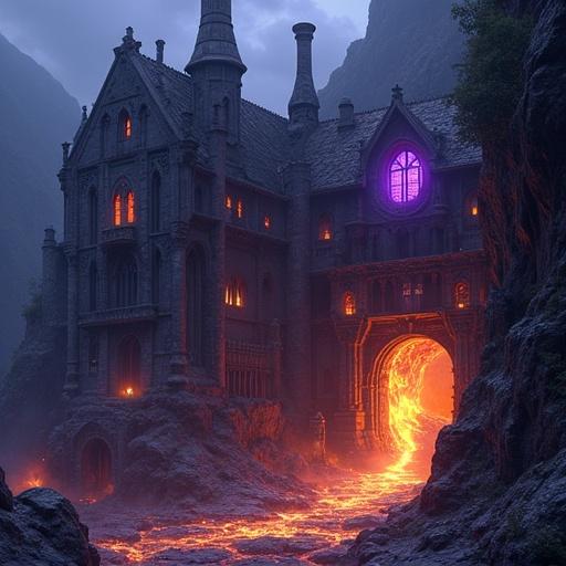Dark gothic fantasy forge built into a cliff with lava flowing through iron pipes and glowing purple windows. Rusted black walls and magical molten machinery create an enormous scale atmosphere.