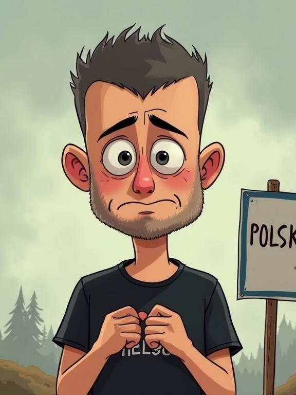 Cartoon-style illustration featuring a sad man. Short dark buzz cut with grey sides. Short stubble on cheeks and chin. Big dark eyes with emotion. Ears sticking out. Black t-shirt labeled HELGOS. Standing by blue sign with POLSKO. Hands pressed together in begging pose. Face shows hope and desperation. Overcast background with soft warm colors.