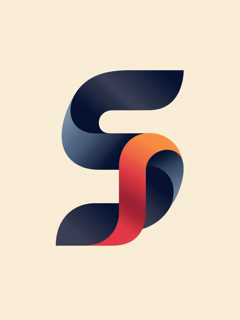 A stylized letter S resembling a ribbon. Dark blue color with accents of red and orange. Soft light beige background. Modern abstract design conveying innovation.