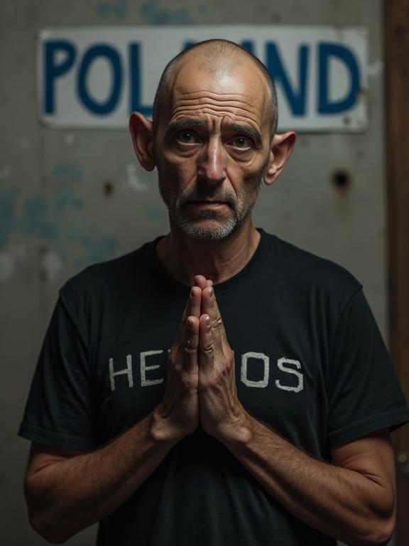 Portrait of a sorrowful man with a slightly asymmetrical face. Almost bald with large dark eyes and protruding ears. Hands pressed together in a begging pose at his chest. Wearing a black shirt with HELGOS. Blurred background with a POLAND sign. Melancholic expression. Realistic lighting.
