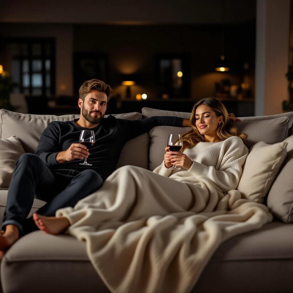 Wide shot of a casually dressed man and woman sitting on a large sofa. Woman is lying down covered by a soft blanket. Both hold wine glasses. Room is dimly lit with a cozy atmosphere.