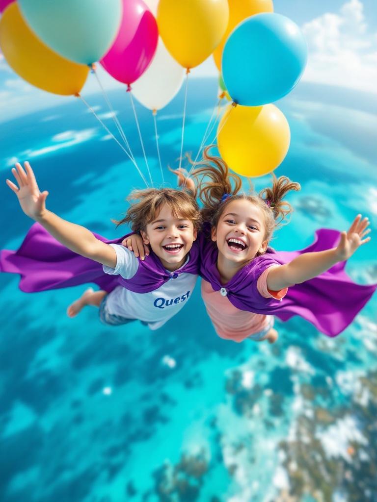 Image of joyful 4-year-old kids floating in mid-air. A boy and a girl are holding colorful balloons while wearing purple capes. The boy has the word Quest on his shirt. Background features the vibrant blue Caribbean Sea.