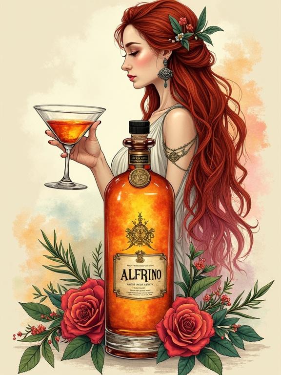 A vibrant ink and watercolor illustration showcasing a refined portrait of a modern Germanic goddess. She offers a toast with a mystical herbal elixir. Cascading long hair and nature-inspired jewelry feature prominently. An apothecary-style bottle of 'ALFRUNO' with a golden-reddish glow stands in front. Two cocktail glasses filled with the same liqueur flank the bottle. Roses and rosemary add a natural touch. The entire scene is set against a beige background complemented by floral patterns. The phrase 'Genuss aus dem Garten der Natur - wild und besonders' is presented in classic typography.