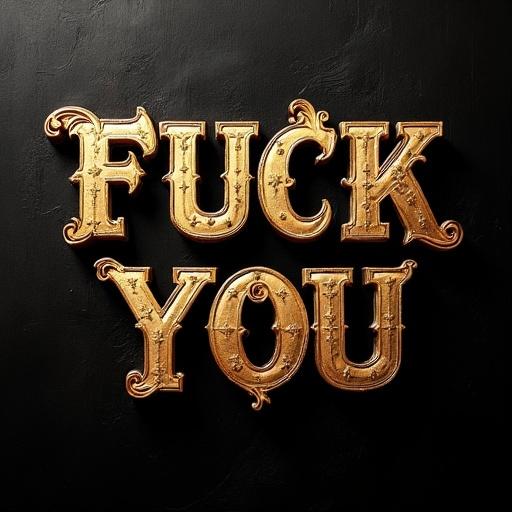 Ornate capital letters displaying profanity on a rich dark background. Strong contrast with a luxurious feel. Bold statement made through typographic design.