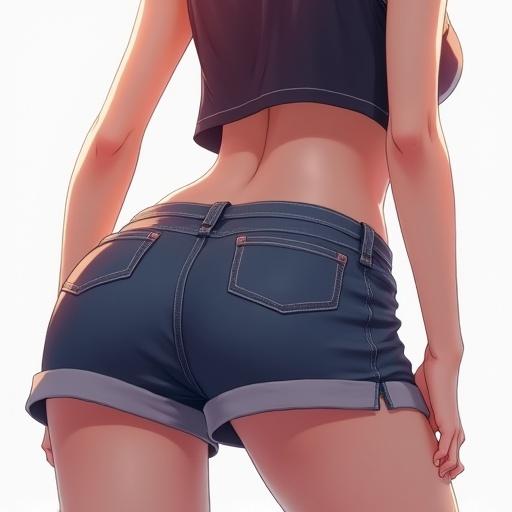 Anime girl depicted from the back view wearing stylish shorts in a close-up angle