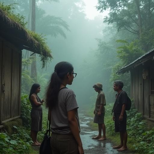 A young woman stands at the entrance of a misty Javanese village. Surrounded by a thick jungle. Elderly villagers watch her curiously. The atmosphere is serene and mysterious.