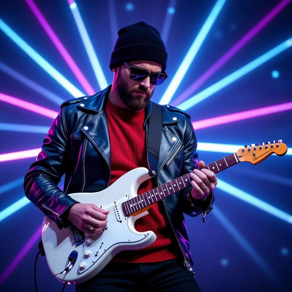 Image of a guitarist with a bald head wearing a black beanie no facial hair and black sunglasses playing a white electric guitar. The guitarist is in a dark blue leather jacket and red knit shirt with black pants. Multiple purple and blue neon light beams are radiating in the background.