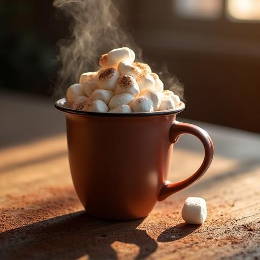 Steaming mug of hot chocolate filled with mini marshmallows. Dark wooden table surface. Warm morning light creating shadows. Single marshmallow on the table dusted with cocoa powder. Close-up photography.