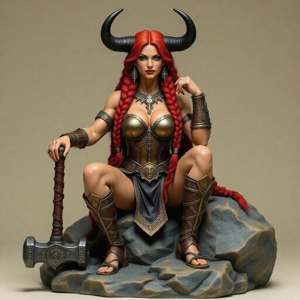Resin statue of a powerful goddess inspired by Taurus zodiac sign seated on a large rock. A voluptuous muscular woman with tanned skin and long red hair in thick braids. Pose is stoic and imposing. One elbow resting on her knee fist under chin. Other hand holding a massive warhammer on ground. Dark bronze leather armor with intricate runes and bull horn motifs. Large black horns on head. Mystical divine aura. Evokes ancestral power and celestial origins. Dramatic lighting realistic materials full-body view high detail.