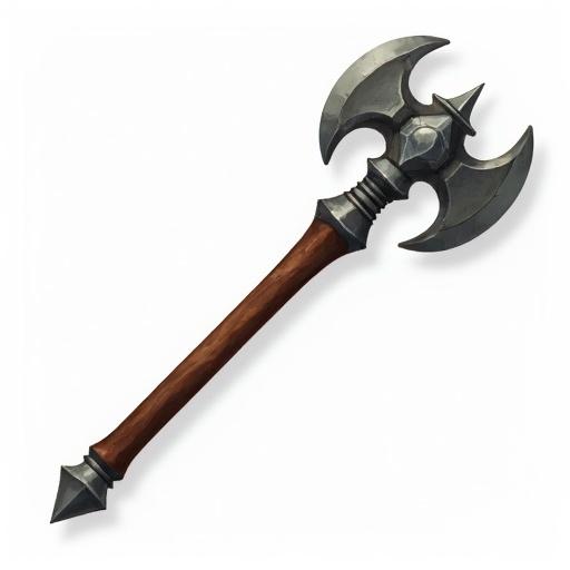 Icon of a battle axe designed for a card game. Axe head features gray metal with sharp edges. Long brown wooden handle extends down. Transparent background
