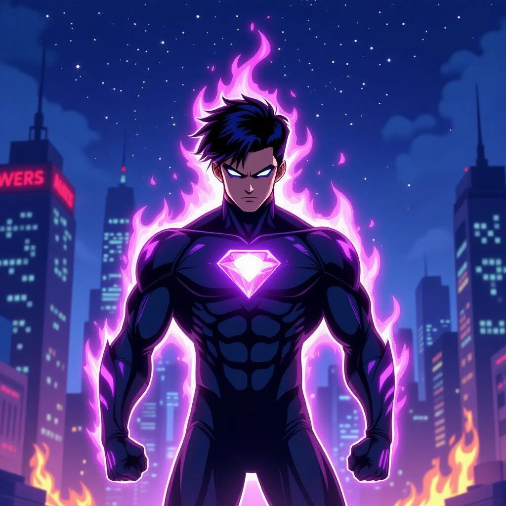 Superhero stands in a black suit in a modern city. Glowing purple accents light the suit. A crystal glows on the chest. An aura flows like energy surrounds the hero. Night sky stars twinkle around. Short black hair sways slightly. One raised arm poses powerfully. City lights and tall buildings create a vibrant background. Cartoon style art reminiscent of Marvel's Avengers Assemble.