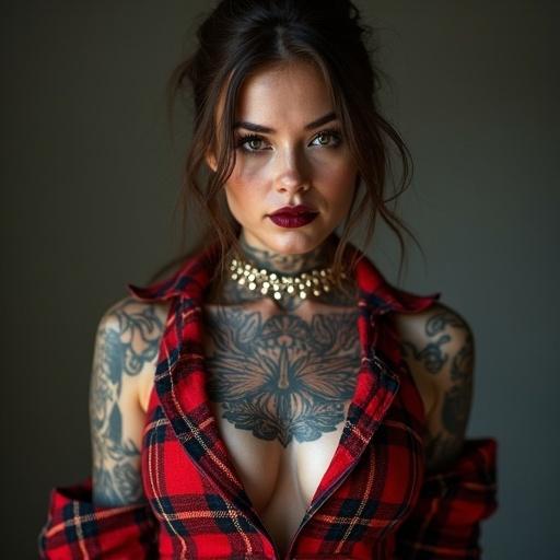 A woman in tartan clothing poses confidently. She has tattoos on her face, chest, and arms. The shot captures her striking gaze and style.