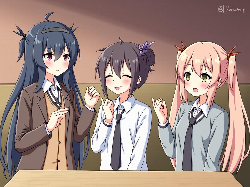 Three anime-style characters engaging in conversation. One girl has long dark hair; the second girl has short dark hair with a flower accessory. The third girl has light pink hair styled in pigtails. All are wearing casual yet stylish attire. They are seated at a table, suggesting a friendly atmosphere.