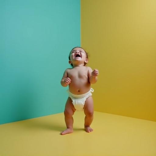 A baby in a diaper stands looking up. The background consists of turquoise and yellow colored walls. The baby's expression is one of crying.