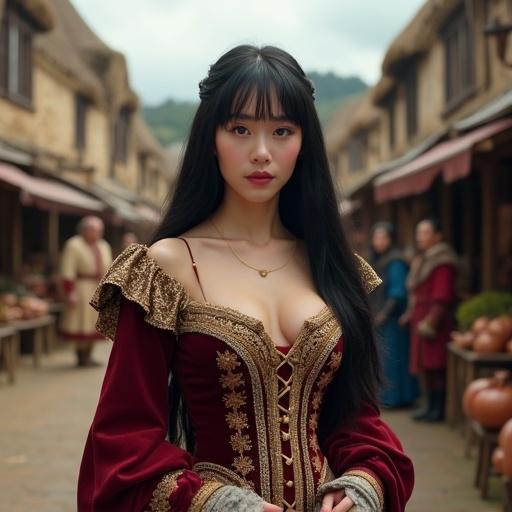 Elegant European noblewoman standing in a bustling medieval marketplace. She has porcelain skin with pink blush on cheeks and large brown eyes. Long black hair with bangs frames her face. She wears a luxurious gown with gold embroidery and sheer fabric. The gown has high slits showing her legs with flowing sleeves. The market has stalls with merchants and townspeople in historical clothing. Sunlight creates a warm ambiance in the lively scene.