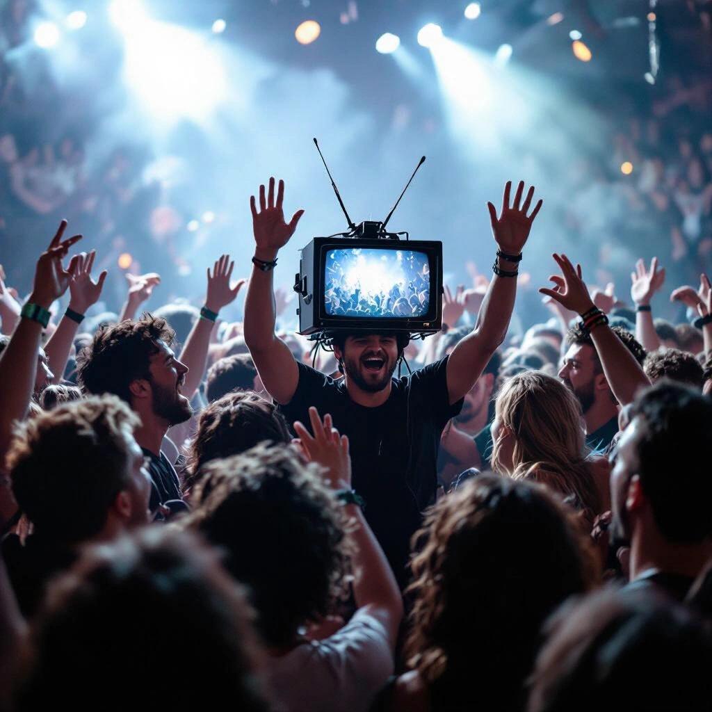 Man in crowd with TV for a head at a concert. People raise hands. Colorful lights illuminate venue.