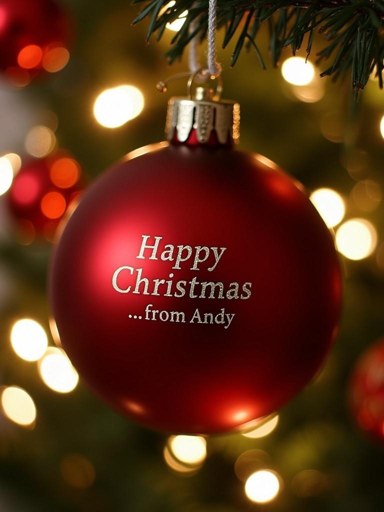 Close-up of a red Christmas bauble with happy Christmas from Andy. Twinkling lights in the background create magical ambiance. Perfect for holiday celebrations.