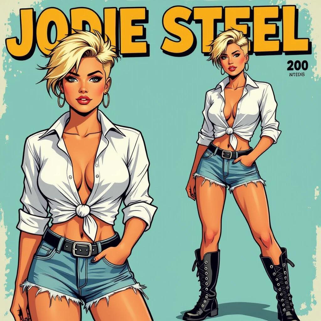 Comic-book style image of a confident young woman named Jodie Steel. She has a straw-blonde crew cut with one side shaved. Jodie wears a white long-sleeved shirt knotted at the waist. The shirt is unbuttoned and she has rolled up the sleeves. She has faded ripped denim shorts and black motorcycle boots with silver buckles. The background is light blue.