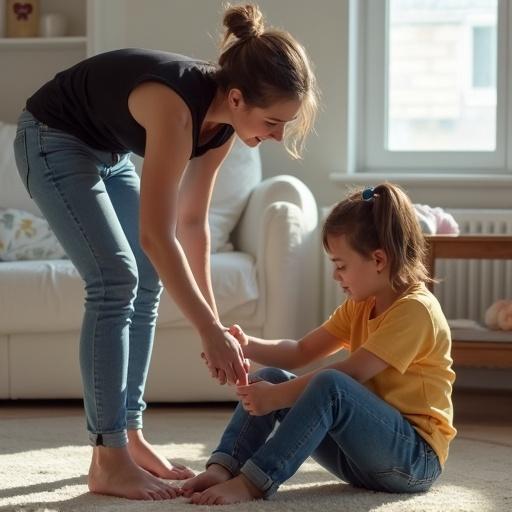 Mixed girl wearing jeans cleaning soles of friend in a bright indoor setting. One child is sitting on the floor while the other helps. Natural light fills the room, creating a warm atmosphere.
