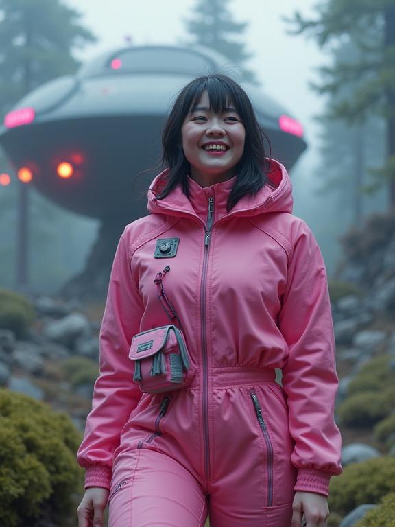A girl in a pink spacesuit stands in a misty alien forest. She smiles and looks happy. A large spaceship can be seen behind her. The scene is vibrant with colors and has neon lights. The photo captures a dynamic pose and has a cinematic feel.