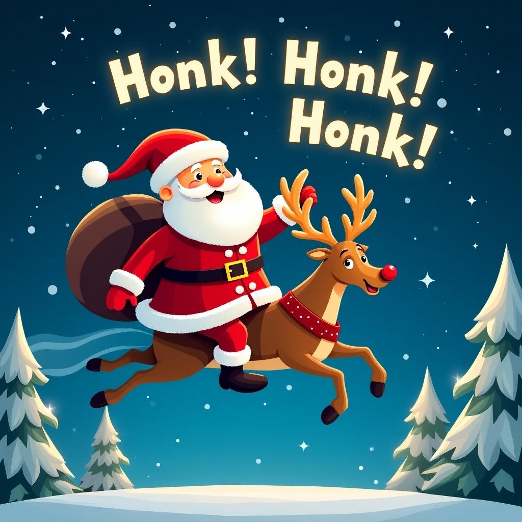 Santa Claus in a red suit flies in the night sky with a reindeer. Santa says 'Honk! Honk! Honk!' in glowing letters. Snow-covered trees are in the scene.