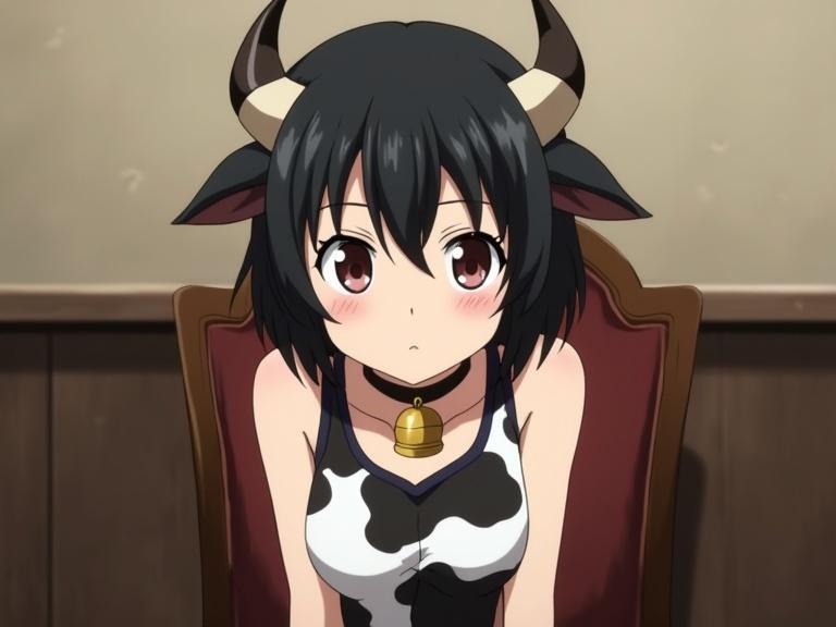 Anime scene featuring a short black-haired girl with cow horns and a bell choker. She sits in a chair looking down with a curious expression. She wears a cow-pattern tank top.