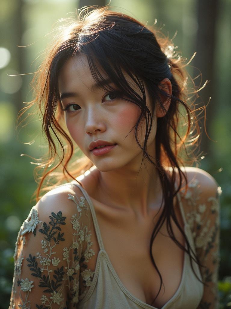 A woman with floral sleeve designs poses in a sunlit forest. Her hair is loosely styled with sunlight shining through the trees.