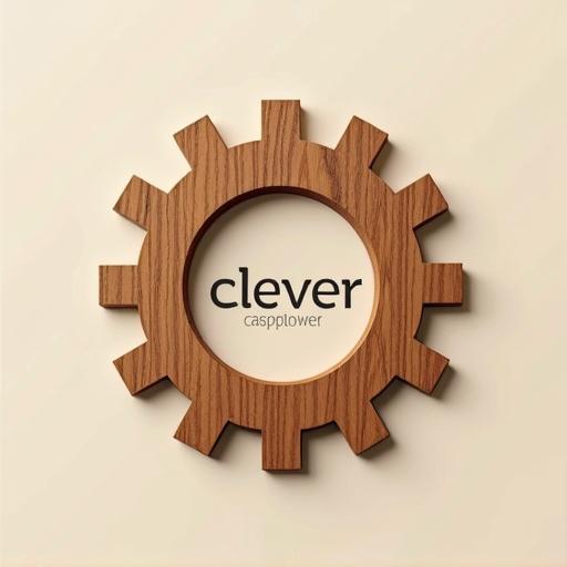 Image features a logo for a company that specializes in intelligent designs in wooden products. Includes the words 'clever crafted' with minimalistic imagery resembling a cog.