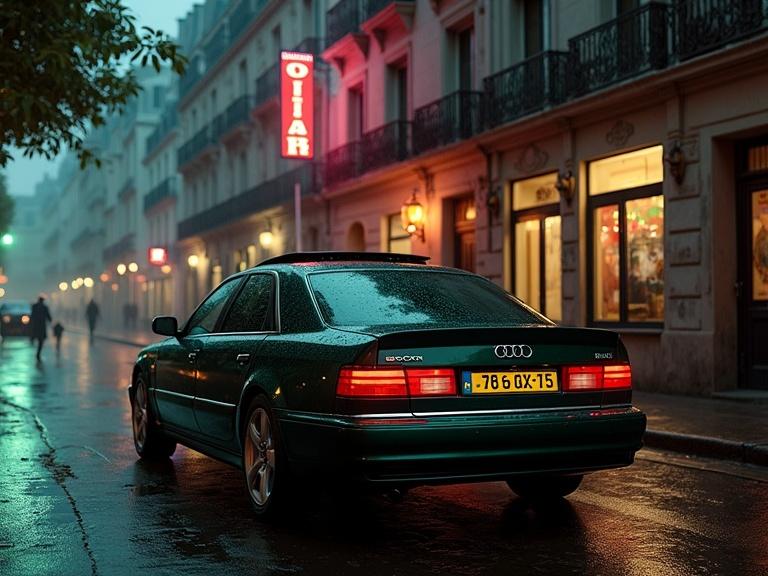 Night view of a street in Montmartre with nightclubs and a dark green Audi S8 passing by. The setting is rainy and atmospheric. The perspective shows the car from the side with a focus on the urban ambiance.