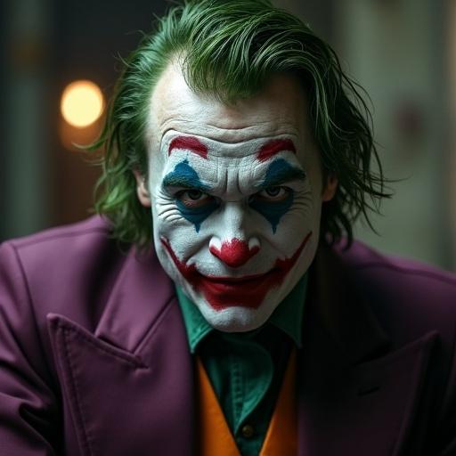 Depiction of a character inspired by a famous villain. Bright theatrical makeup emphasizes expression. Dark clothing enhances the dramatic effect. Suitable for creative and entertainment themes.