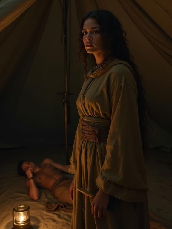 Inside a dimly lit tent a woman stands in the foreground. She is illuminated by the glow of an oil lamp. Her earth-toned robes are still. She appears calm yet resolute, eyes fixed ahead. In one hand, she holds a wooden mallet; the other rests by her side. Behind her, a man lies on the ground, mostly in shadow. The scene is quiet and solemn.