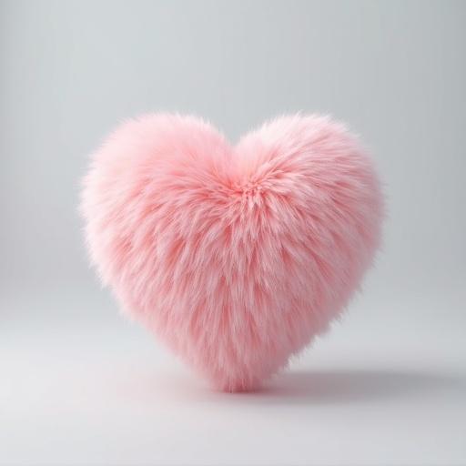 A fluffy heart-shaped object in pink fur. The background is light gray. The texture is hyperrealistic, with soft shadows. The heart appears to float. The style is surreal and modern.