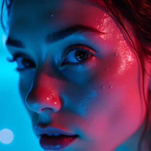Close-up portrait of young woman’s face. Only left half is visible. Partially submerged in water. Soft ambient blue and pink neon lighting illuminates the scene. Colorful reflections on wet skin and hair. Water droplets and small bubbles on face. Skin texture and eye focus are highlighted.