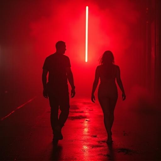 Figures walking in a foggy environment with intense red lighting. The scene evokes mystery and emotion. The silhouettes highlight the contrast with the background.