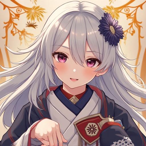 Anime character with long light purple hair and pink eyes. Wearing a traditional outfit with a flower accessory. Smiling and pointing at the viewer.