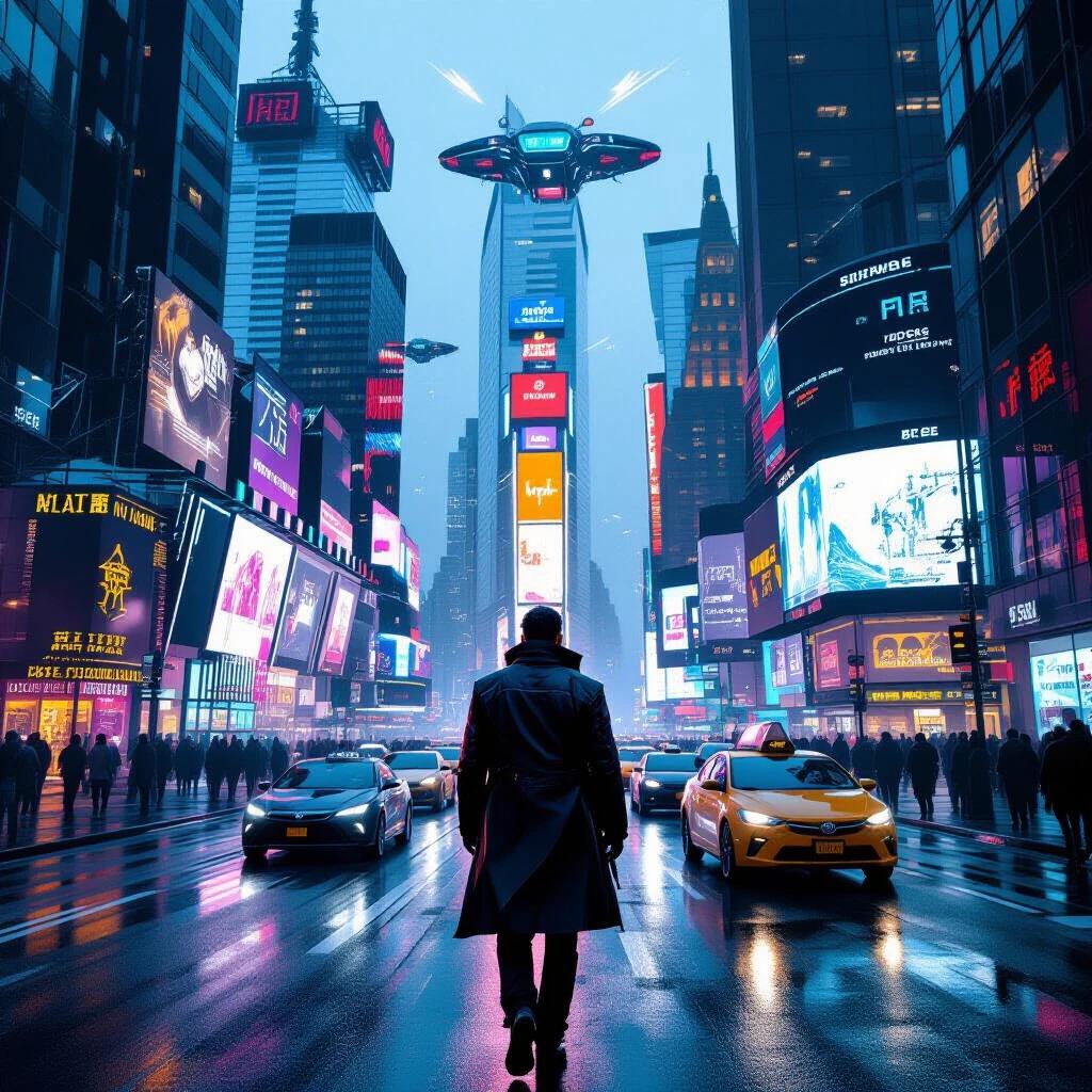 A man in a dark trench coat with luminous details walks through a busy street of Neo-Nova York in a Cyberpunk 2077 universe. Flying vehicles cross the sky above, and crowds with futuristic visuals move down the street. In the background, skyscrapers display holograms of energy drinks and digital billboards. Wide shot, 4K, realistic illustration.
