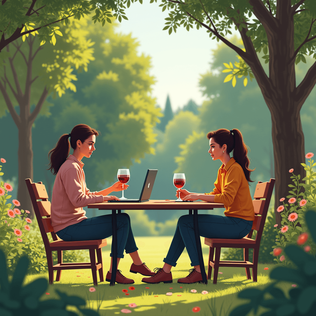 Two women sit across from each other at a wooden table in a lush garden, each with a glass of wine and a laptop.