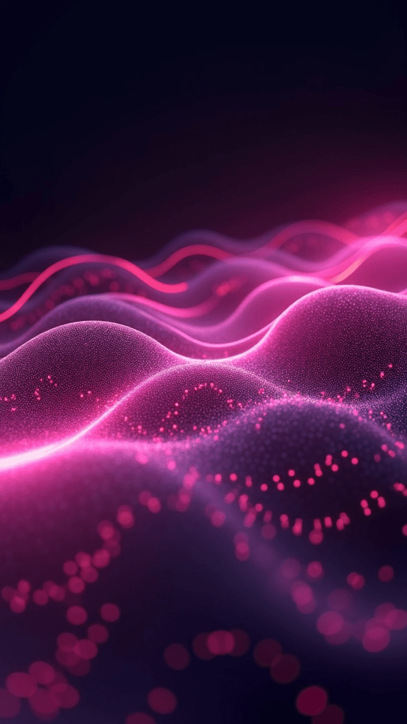 A vibrant and abstract scene featuring luminous pink and purple waves composed of glowing dots against a dark background.