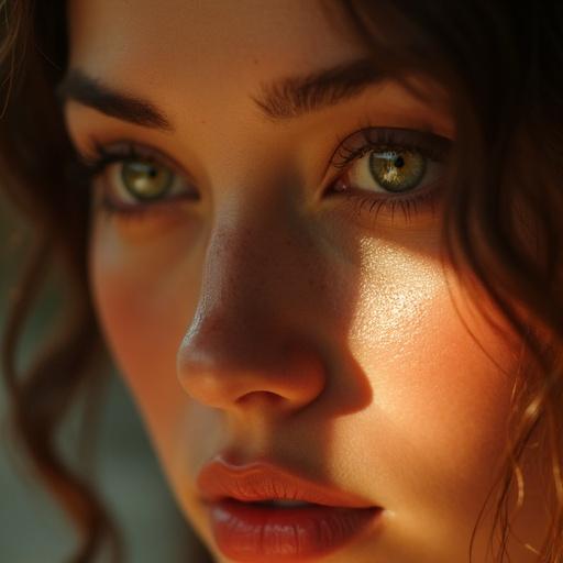 Soft lighting enhances skin glow. Focus on eyes with blurred surroundings. Warm tones reflect ancient aesthetics. Eyelashes and light reflections in pupils highlight allure.