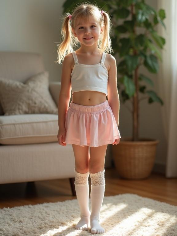 A young girl stands in a softly lit living room. She has long twin ponytails tied with pink ribbons. Dressed in a white cropped cami and pastel pink pleated skirt. Lace-trimmed thigh-high socks hug her legs. She is barefoot on a rug with a shy expression. The room is cozy and quiet.