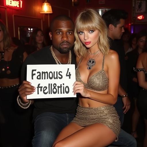 Taylor Swift with blonde bangs and blue eyes. She wears a bikini top and a short gold miniskirt. The neckline is revealing, showcasing her figure. Kanye West is beside her. He holds her close with a dog collar and leash between them. They sit in a dim nightclub. Taylor smirks while holding a sign that says 'Famous 4 fell8tio'.