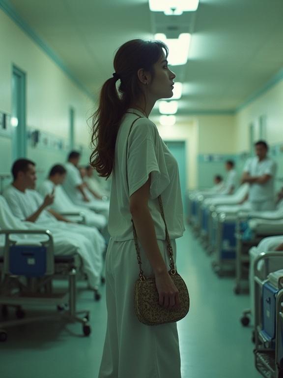 Woman in a hospital corridor surrounded by men in beds. The lighting is bright. The woman stands in profile holding a purse. The image has low resolution and over-saturated colors.