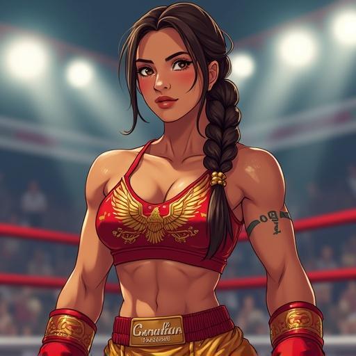 High definition anime art style portrait of powerful charismatic Mexican female boxer Marisol 'La Tormenta' Reyes in vibrant boxing ring. Muscular build, warm bronze skin, long braided dark brown hair with red and gold ribbons. Hazel eyes are intense. Crimson sports bra and gold trunks with Aztec patterns. Red gloves with gold wraps. Red boxing boots. Detailed boxing ring background with cheering crowd.