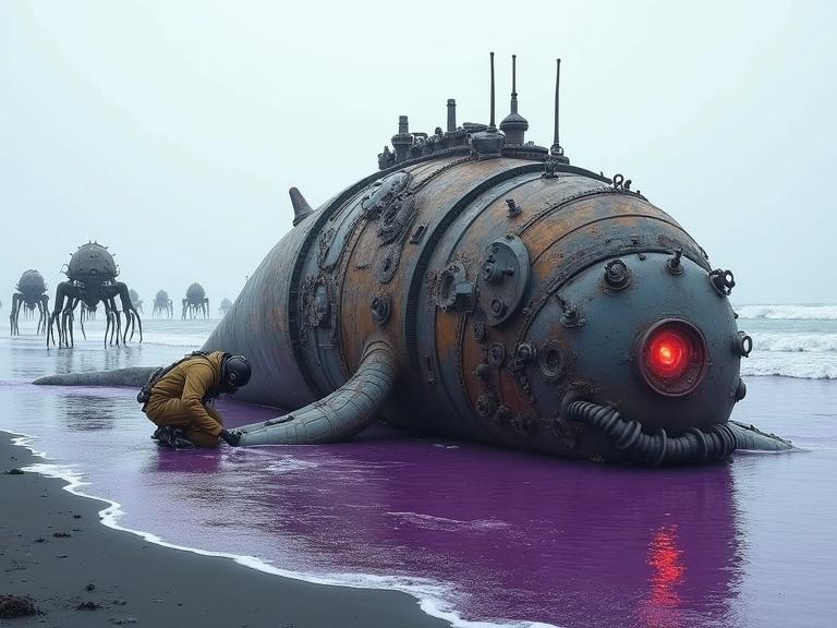 Surreal scene on dark sand beach with unusual purple-tinted seawater gently lapping shore. A massive decaying biomechanical whale carcass partially submerged in water. Whales body shows rust, wear and tear with large sections revealing intricate clockwork mechanisms, gears, and exposed metal framework. One glowing red mechanical eye stands out vividly. A lone steampunk-inspired engineer in a tan weathered outfit, gas mask with goggles, is kneeling beside whale, working on exposed machinery. Approaching from shallow purple water, a group of four-legged insect-like autonomous robots with utilitarian, slightly menacing design with visible joints and possibly glowing elements. Eerie melancholic atmosphere. Bright overcast sky. Visible water droplets and splashes around whale and robots, texture of sand and decaying whale skin, intricate details of gears and mechanical parts. Wide shot to capture vastness of beach and robots, with mechanic and whale in foreground as main subject.