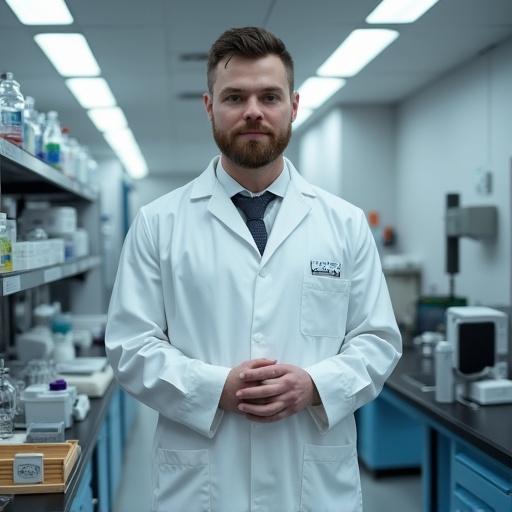 Man stands in a laboratory wearing a white lab coat. He has a beard and tie. Laboratory contains various equipment and containers.