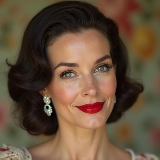 Charming woman in her mid-forties with facial wrinkles. She has a chubby face and classic 1950's hairstyle. The woman appears shy with a slight closed-mouth smile. Her beautiful green eyes and big red lips are emphasized along with diamond earrings. The background features floral wallpaper. The image shows her in a slightly side view with a tiny nose.