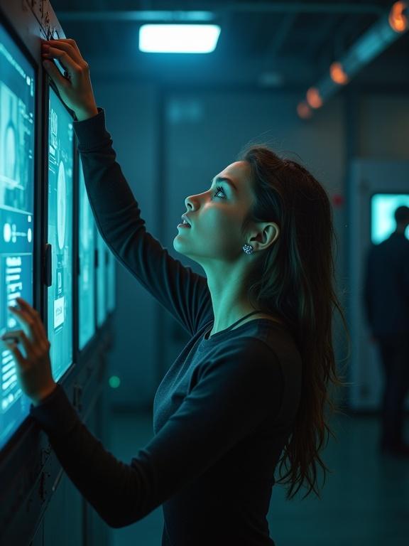 Girl standing near wall monitor in futuristic environment. Looking up at the screen with arms raised. Close-up shot from below her. Reflective blue lighting creates dramatic shadows on her face. Emphasis on her focused expression while adjusting the monitor.