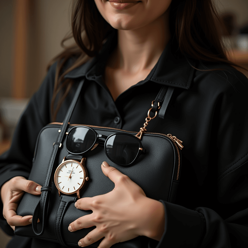 A person holds a black purse adorned with a classic gold wristwatch and stylish black sunglasses.