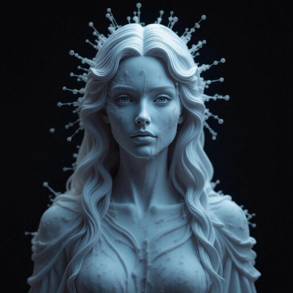 Hyperrealistic photography of a figure named Sophia appearing ethereal and wise. The figure has a crown made of delicate elements resembling computer interference. The lighting is dramatic, with a cool color palette, emphasizing features. The background is dark to create contrast and enhance presence.