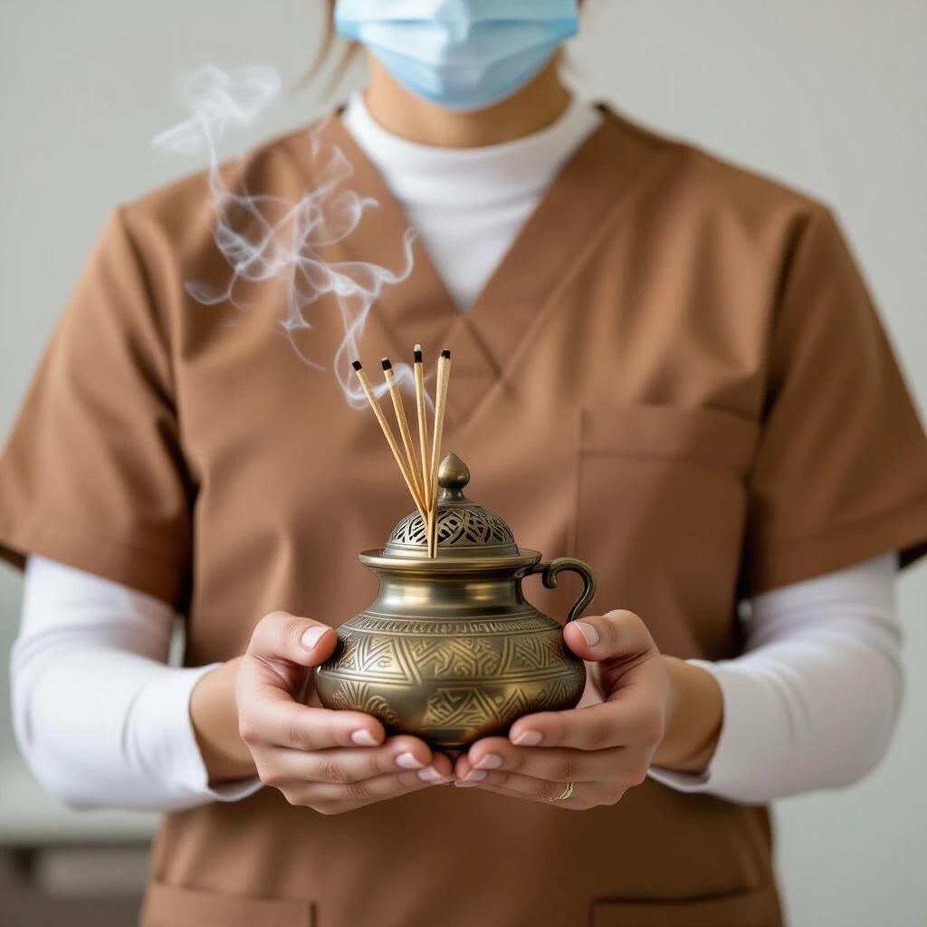Dentist holding Arabic incense burner. Incense sticks emitting smoke. Light brown medical uniform. Person in a safe environment.